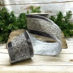 Cheapest π The π Christmas Palace 4" X 5YD GREY VELVET JEWELED TRIM RIBBON Ribbon & Bows β€οΈ 6 The Christmas Palace 4
