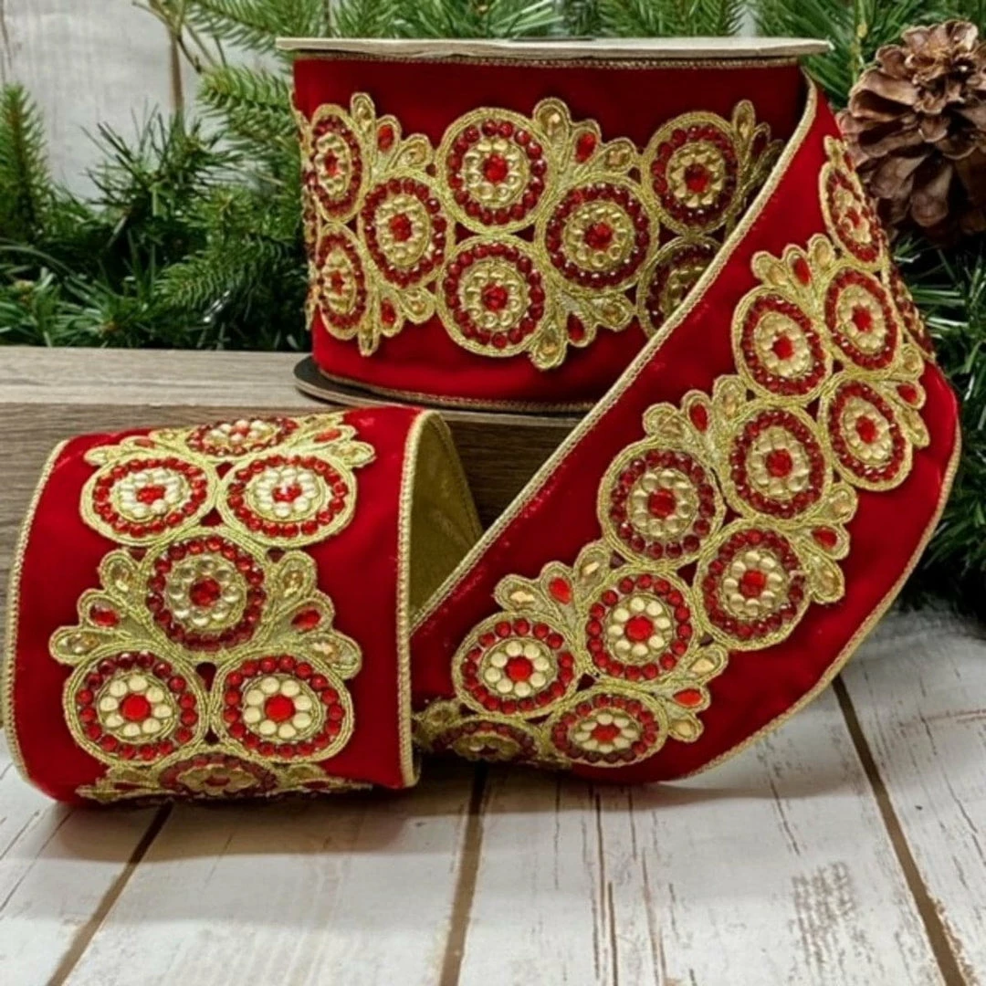 Best Sale π The π Christmas Palace 4" X 5YD RED VELVET CIRCULAR METALLIC BACK RIBBON Ribbon & Bows π 1 The Christmas Palace 4" X 5YD RED VELVET CIRCULAR METALLIC BACK RIBBON Ribbon & Bows