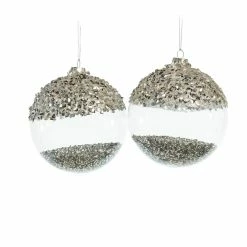 The Christmas Palace 5" SILVER GLASS WITH GLITTER ORNAMENT SET OF 6