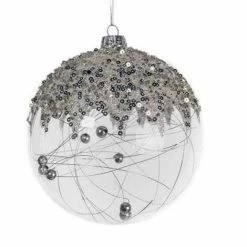 The Christmas Palace 5" CLEAR GLASS BALL WITH SILVER SEQUINS ORNAMENT SET OF 6