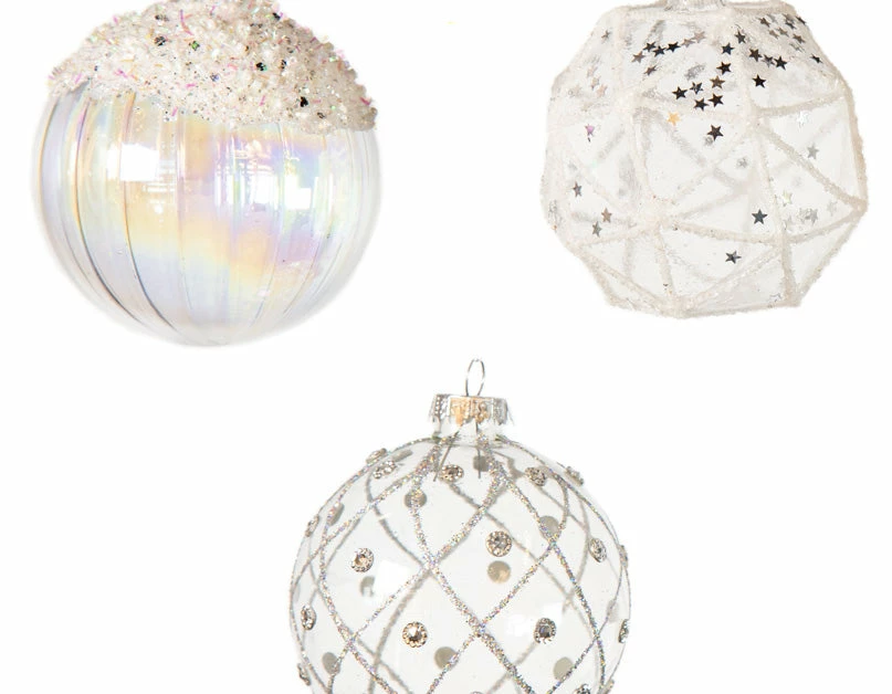 Budget π€© The π Christmas Palace π Christmas Ornaments 3" GLASS CRYSTAL CLEAR WITH SILVER ACCENTS ORNAMENTS ASSORTED SET OF 12 π 2 The Christmas Palace Christmas Ornaments 3" GLASS CRYSTAL CLEAR WITH SILVER ACCENTS ORNAMENTS ASSORTED SET OF 12