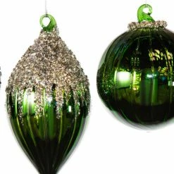 The Christmas Palace 4" SHINY GREEN GLASS ORNAMENT ASSORTED SET OF 12