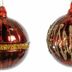 The Christmas Palace 5" RED GLASS WITH DECORATIVE GLITTER ORNAMENT SET OF 12 Christmas Ornaments