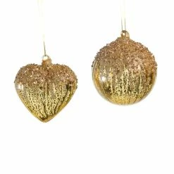 The Christmas Palace 5" GOLD HEART & BALL GLITTER ORNAMENT SET OF 12