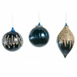 The Christmas Palace 4" NIGHT BLUE SHINY GLASS DECORATIVE ORNAMENTS ASSORTED SET OF 12 Christmas Ornaments