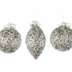 The Christmas Palace Christmas Ornaments 4" SILVER GLITTER DECORATED ASSORTED ORNAMENT SET OF 12