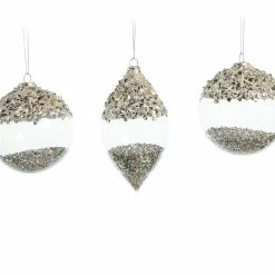 The Christmas Palace Christmas Ornaments 3" - 7" CRYSTAL SILVER GLITTER ORNAMENTS ASSORTED SET OF 12