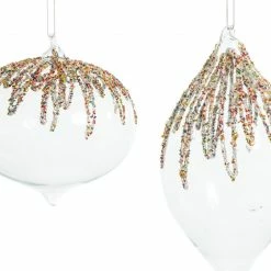 The Christmas Palace 5" CRYSTAL GLASS ORNAMENT WITH MULTI COLOR GLITTER ASSORTED SET OF 9