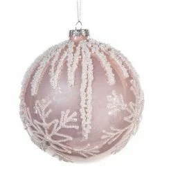 The Christmas Palace Christmas Ornaments 5" GLASS PINK WITH GLITTERED SNOWFLAKES ORNAMENT SET OF 9