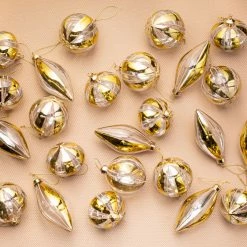 The Christmas Palace 3" CRYSTAL & GOLD GLASS ASSORTED ORNAMENT SET OF 24