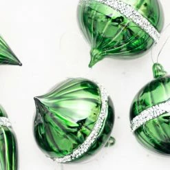 The Christmas Palace 3" - 7" SHINY GREEN GLASS WITH SILVER JEWELS ASSORTED ORNAMENT SET OF 12