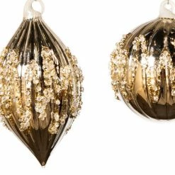 The Christmas Palace 4" SHINY GOLD GLASS WITH GOLD GLITTER ASSORTED ORNAMENT SET OF 12