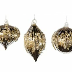 The Christmas Palace 4" SHINY GOLD GLASS WITH GOLD GLITTER ASSORTED ORNAMENT SET OF 12
