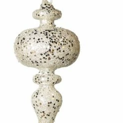 The Christmas Palace 7" CRYSTAL WITH CREAM & SILVER GLITTERED FINIAL SET OF 2