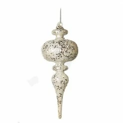 The Christmas Palace 7" CRYSTAL WITH CREAM & SILVER GLITTERED FINIAL SET OF 2