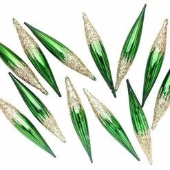 The Christmas Palace 11" SHINY GREEN GLASS ICICLE WITH GOLD GLITTER SET OF 6