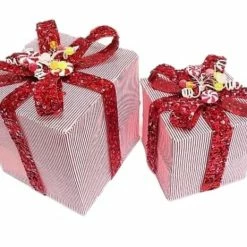The Christmas Palace Hats & Boxes 6" & 8" RED & WHITE STRIPE GIFT BOX WITH SEQUIN BOW