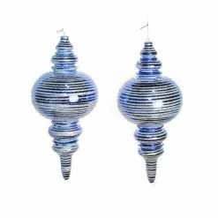 The Christmas Palace 13" BLUE & SILVER SHINY GLITTER FINIAL SET OF 2
