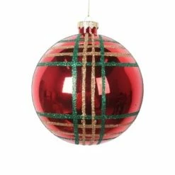 The Christmas Palace Christmas Ornaments 4" RED & GREEN PLAID BALL ORNAMENT SET OF 6