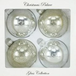 The Christmas Palace 4" SILVER GLASS BALL ORNAMENTS SET OF 24