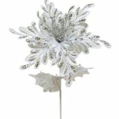 The Christmas Palace 15" WHITE & SILVER POINSETTIA SET OF 6 Flowers