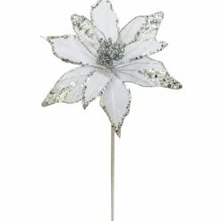 The Christmas Palace 16" WHITE SHEER SILVER POINSETTIA SET OF 6
