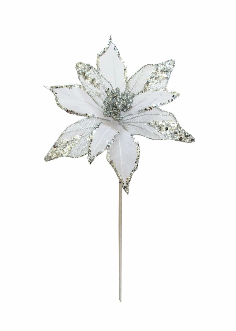 Cheap ✨ The ❄ Christmas Palace 16" WHITE SHEER SILVER POINSETTIA SET OF 6 ✔️ 1 The Christmas Palace 16" WHITE SHEER SILVER POINSETTIA SET OF 6