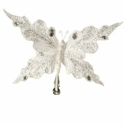 The Christmas Palace 10" WHITE GLITTER BUTTERFLY CLIP SET OF 6