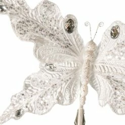 The Christmas Palace 10" WHITE GLITTER BUTTERFLY CLIP SET OF 6