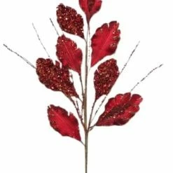 The Christmas Palace 25" RED & GOLD SEQUIN LEAF BRANCH SET OF 6 Stems & Picks