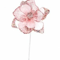 The Christmas Palace Flowers 17" PINK GLITTER HIBISCUS SET OF 6