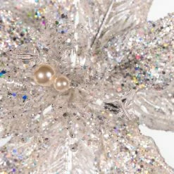 The Christmas Palace Crystal Elegance 12" WHITE & SILVER JEWEL POINSETTIA SET OF 6