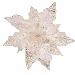 The Christmas Palace Flowers 14" WHITE GLITTER POINSETTIA SET OF 6