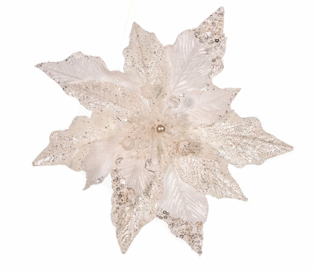 Wholesale 𧨠The π Christmas Palace Flowers 14" WHITE GLITTER POINSETTIA SET OF 6 π 2 The Christmas Palace Flowers 14" WHITE GLITTER POINSETTIA SET OF 6