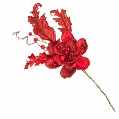 The Christmas Palace 7" RED GLITTER MAGNOLIA PICK SET OF 6 Flowers