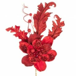 The Christmas Palace 7" RED GLITTER MAGNOLIA PICK SET OF 6 Flowers