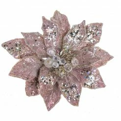 The Christmas Palace 9" PINK GLITTERED POINSETTIA CLIP SET OF 6 Flowers