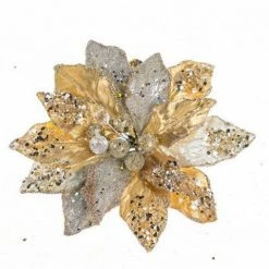 The Christmas Palace 9" GOLD & PLATINUM POINSETTIA CLIP SET OF 6