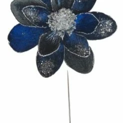 The Christmas Palace 18" SAPPHIRE BLUE & SILVER MAGNOLIA WITH LEAVES SET OF 6