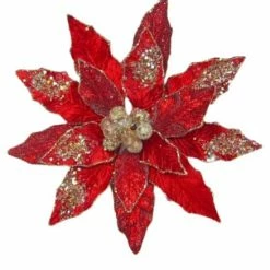 The Christmas Palace 10" RED & GOLD POINSETTIA STEM CLIP SET OF 6 Flowers