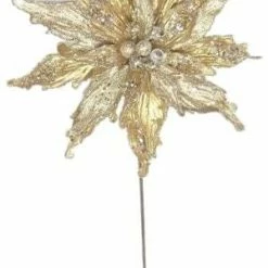 The Christmas Palace Flowers 18" GOLD BEADED POINSETTIA STEM SET OF 6
