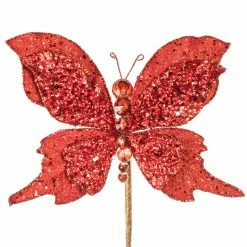 The Christmas Palace Yuletide Traditions 6" RED GLITTER BUTTERFLY PICK SET OF 6