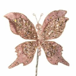 The Christmas Palace 6" PINK GLITTER BUTTERFLY PICK SET OF 6 Butterflies