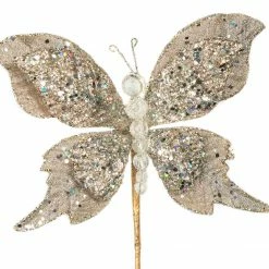 The Christmas Palace 6" PLATINUM GLITTER BUTTERFLY SET OF 6