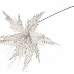 The Christmas Palace Flowers 16" WHITE & SILVER POINSETTIA STEM SET OF 6