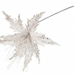 The Christmas Palace Flowers 16" WHITE & SILVER POINSETTIA STEM SET OF 6