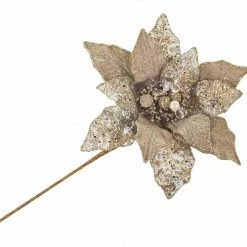 The Christmas Palace Flowers 15" PLATINUM GLITTER POINSETTIA PICK SET OF 6