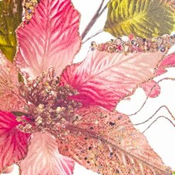 The Christmas Palace 17" PINK POINSETTIA WITH LEAVES PICK SET OF 6 Flowers