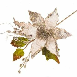 The Christmas Palace 17" PLATINUM POINSETTIA WITH LEAVES PICK SET OF 6