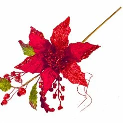 The Christmas Palace Flowers 17" RED POINSETTIA WITH LEAVES PICK SET OF 6